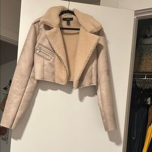 Bardot Cream Sherpa-Lined Cropped Moto Jacket